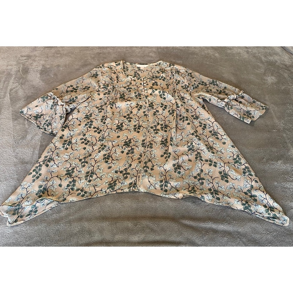 LC Lauren Conrad‎ Womens Tan Green Botanical Sharkbite Hem Tunic Blouse Medium